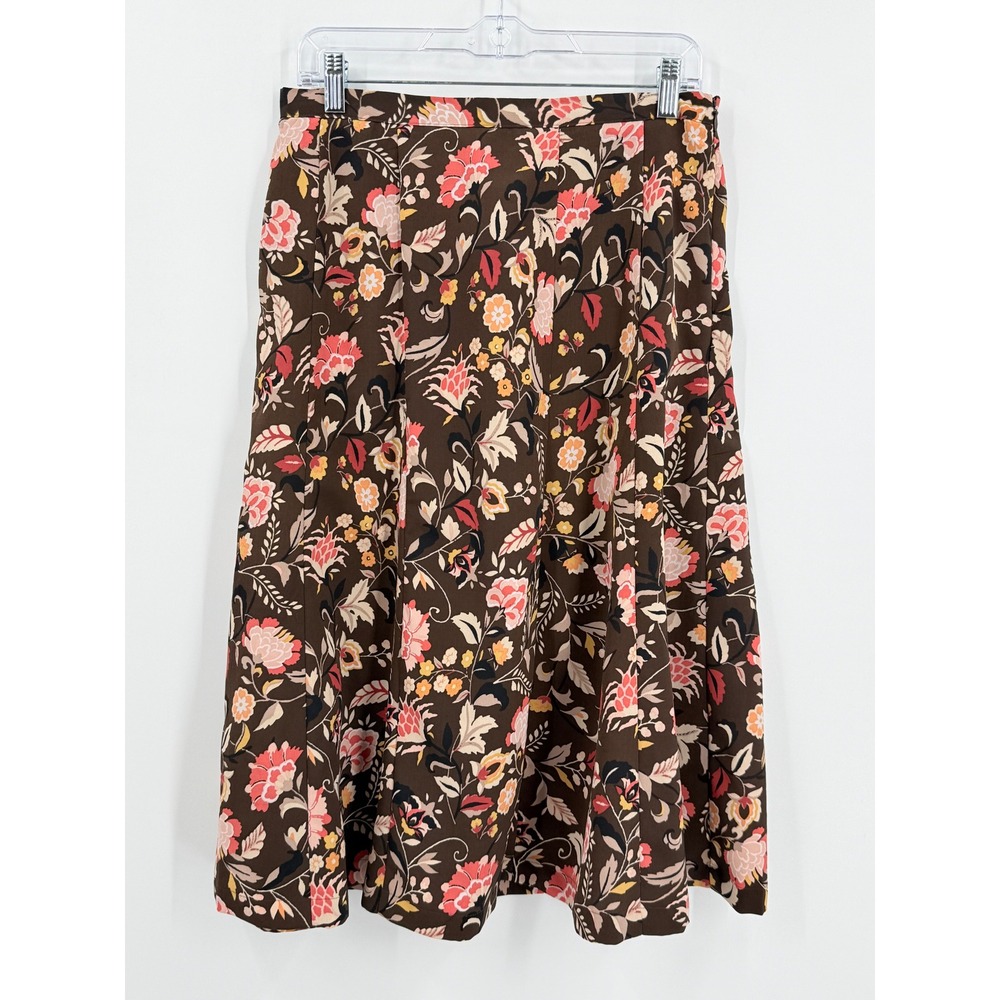 Vtg 90s Brown whimsical Floral Midi Skirt sz 10 Fall Office twee folkloric